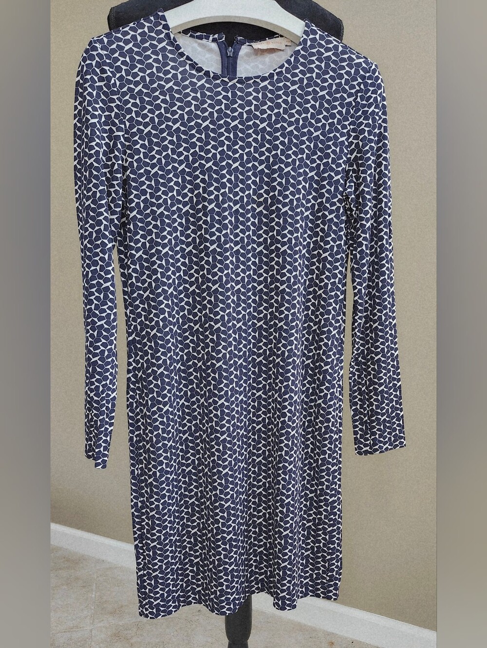 💯TORY BURCH ‼️Matte Jersey Crewneck Long-Sleeve Dress In Navy/Tessera Size M